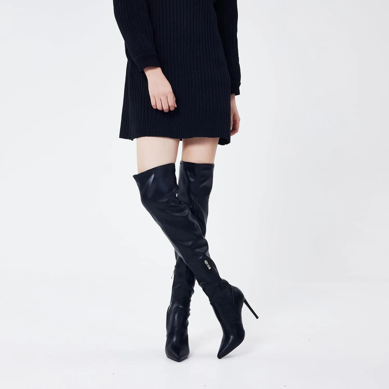 Elisabet Tang Thigh High Boots Over the Knee Boots for Women,Sexy 4.3 inch Stilettos High Heels Boots Stretch Suede Long Pointed Toe Shoes
