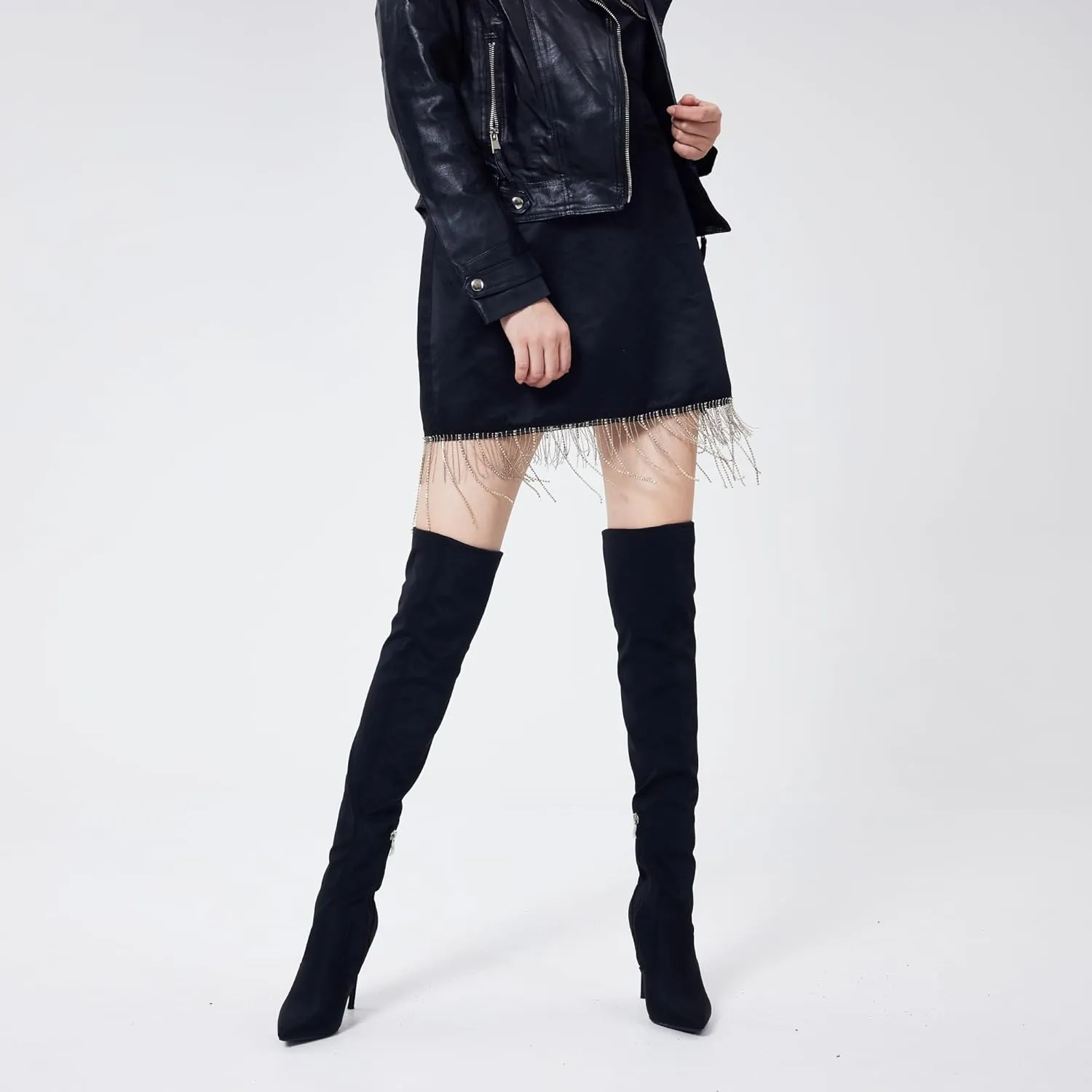 Elisabet Tang Thigh High Boots Over the Knee Boots for Women,Sexy 4.3 inch Stilettos High Heels Boots Stretch Suede Long Pointed Toe Shoes
