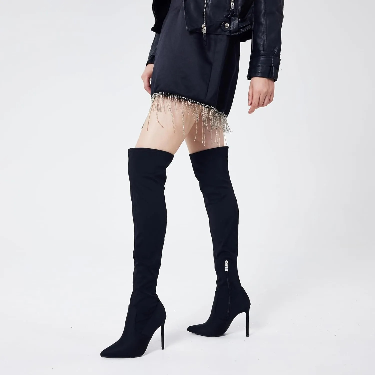 Elisabet Tang Thigh High Boots Over the Knee Boots for Women,Sexy 4.3 inch Stilettos High Heels Boots Stretch Suede Long Pointed Toe Shoes