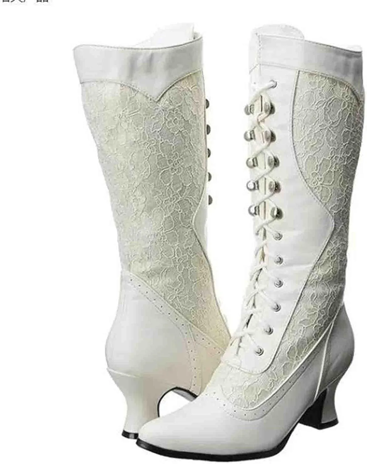 Erocalli Goth Boots Renaissance Victorian Shoes Sweet Bow Mid Calf Boots Mid Heels Lace Up Studded Bowknot ​Witch Boot