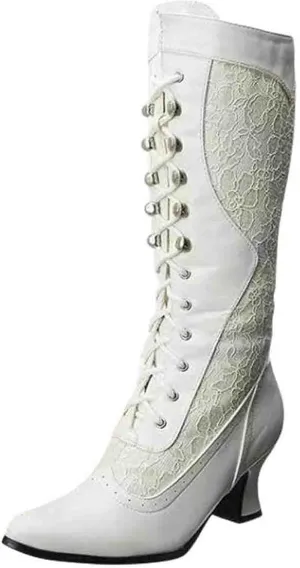 Erocalli Goth Boots Renaissance Victorian Shoes Sweet Bow Mid Calf Boots Mid Heels Lace Up Studded Bowknot ​Witch Boot