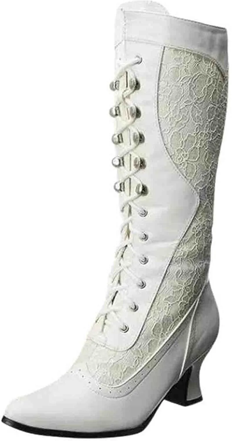 Erocalli Goth Boots Renaissance Victorian Shoes Sweet Bow Mid Calf Boots Mid Heels Lace Up Studded Bowknot ​Witch Boot
