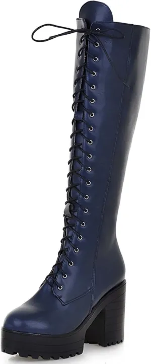 Erocalli Knee High Boots Lace up Military Combat Boots for Women Gothic Buckle Motorcycle Boot