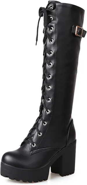 Erocalli Knee High Boots Lace up Military Combat Boots for Women Gothic Buckle Motorcycle Boot