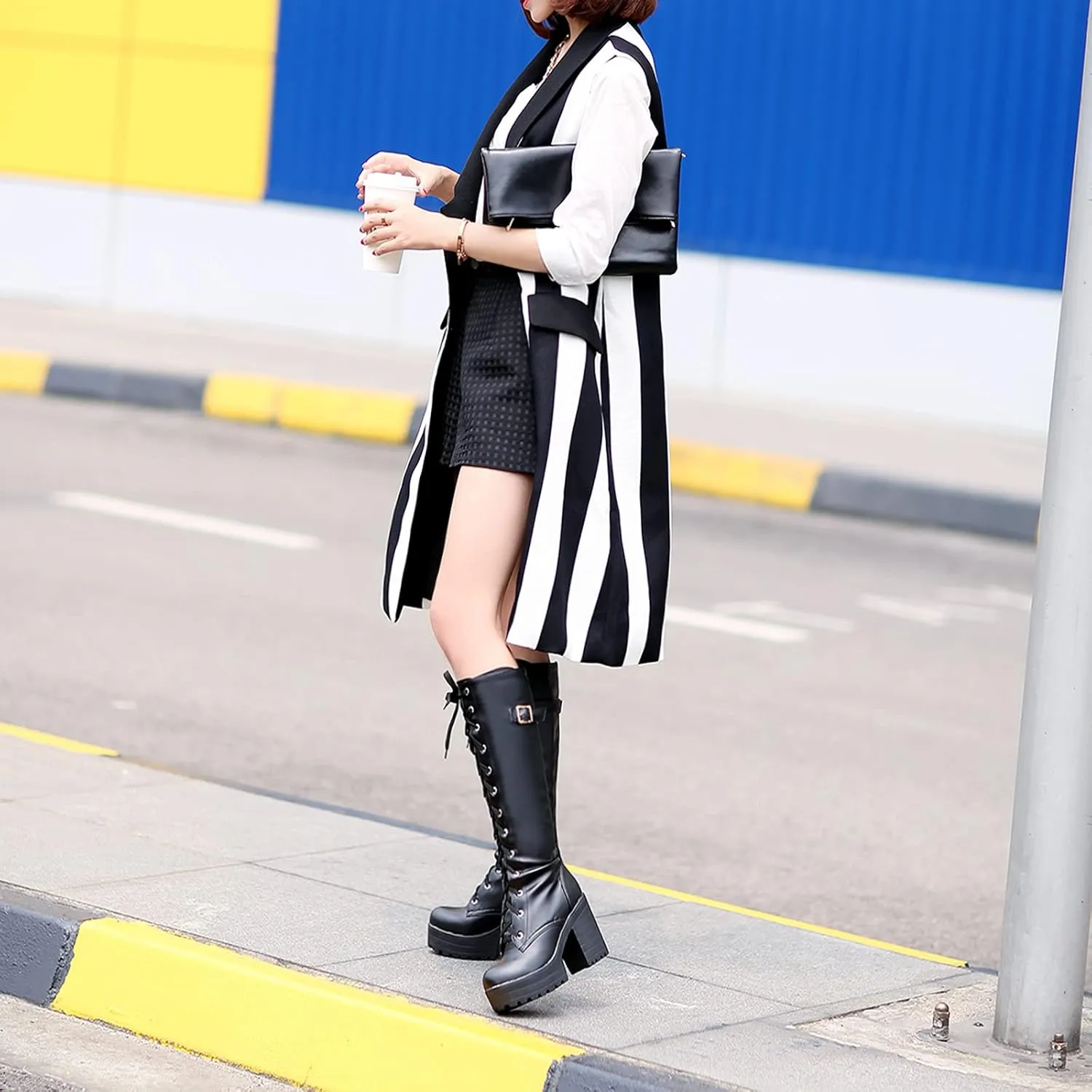 Erocalli Knee High Boots Lace up Military Combat Boots for Women Gothic Buckle Motorcycle Boot