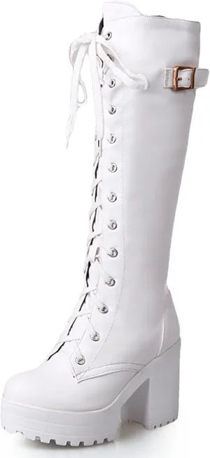 Erocalli Knee High Boots Lace up Military Combat Boots for Women Gothic Buckle Motorcycle Boot
