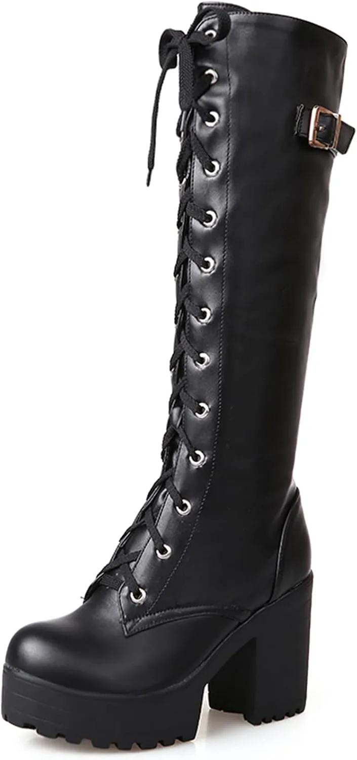 Erocalli Knee High Boots Lace up Military Combat Boots for Women Gothic Buckle Motorcycle Boot
