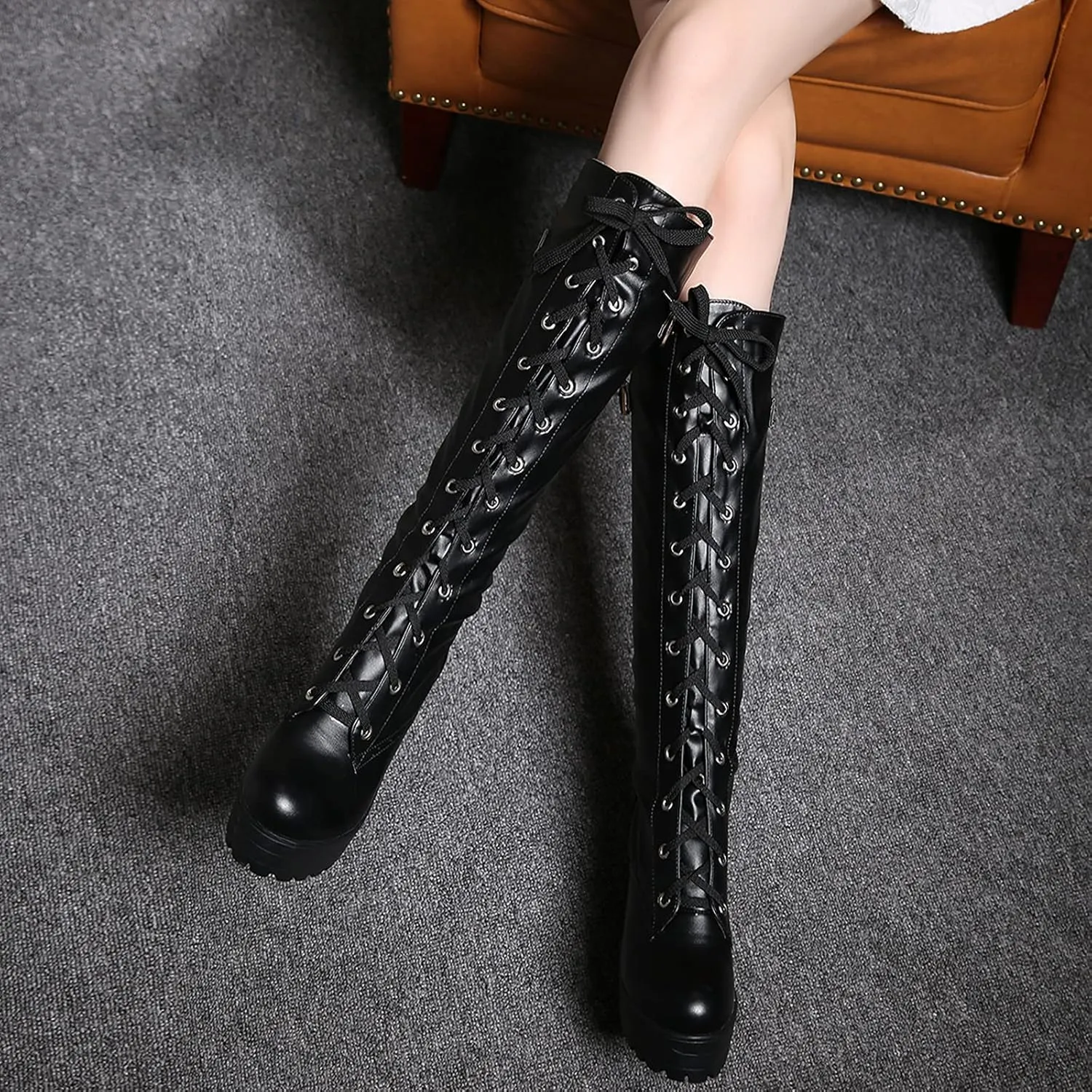 Erocalli Knee High Boots Lace up Military Combat Boots for Women Gothic Buckle Motorcycle Boot