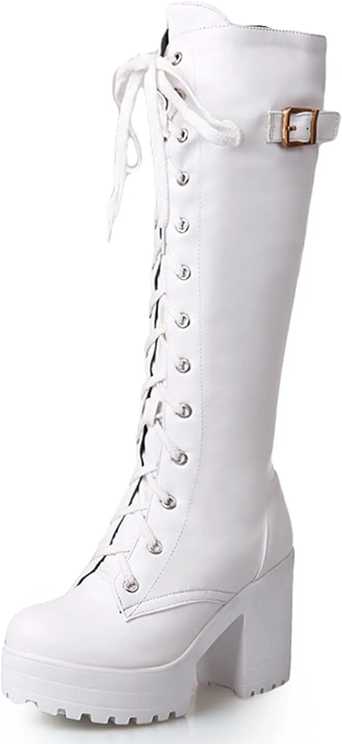 Erocalli Knee High Boots Lace up Military Combat Boots for Women Gothic Buckle Motorcycle Boot