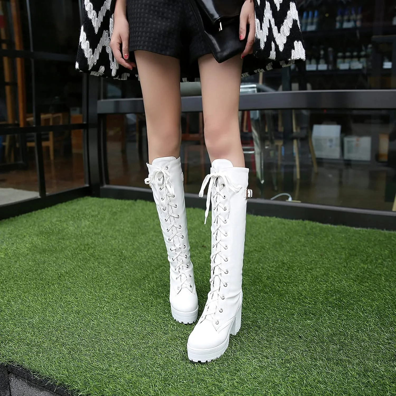 Erocalli Knee High Boots Lace up Military Combat Boots for Women Gothic Buckle Motorcycle Boot