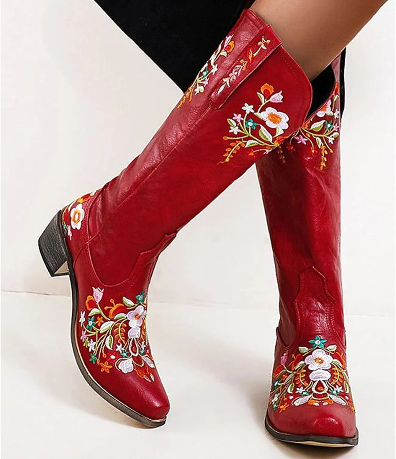 Erocalli Women's Western Boots Chunky Heel Cowgirl Cowboy Mid Claf Boot Embroidery Riding Wedding Boots