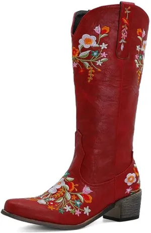Erocalli Women's Western Boots Chunky Heel Cowgirl Cowboy Mid Claf Boot Embroidery Riding Wedding Boots
