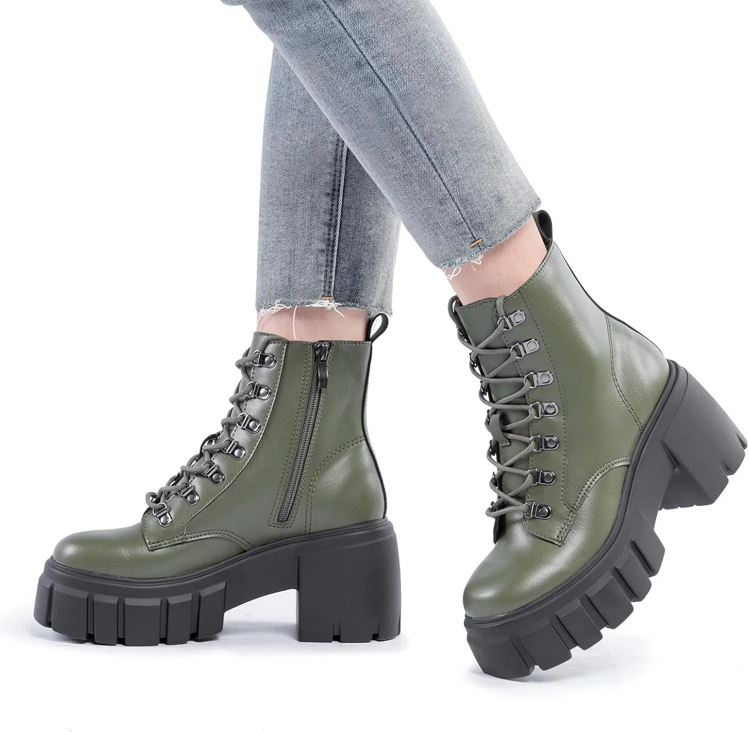 FITORY Women’s Combat Boots Lightweight Lace up Side Zipper Ankle Botas High Heel Chunky Platform Lug Sole Booties Size 6-11