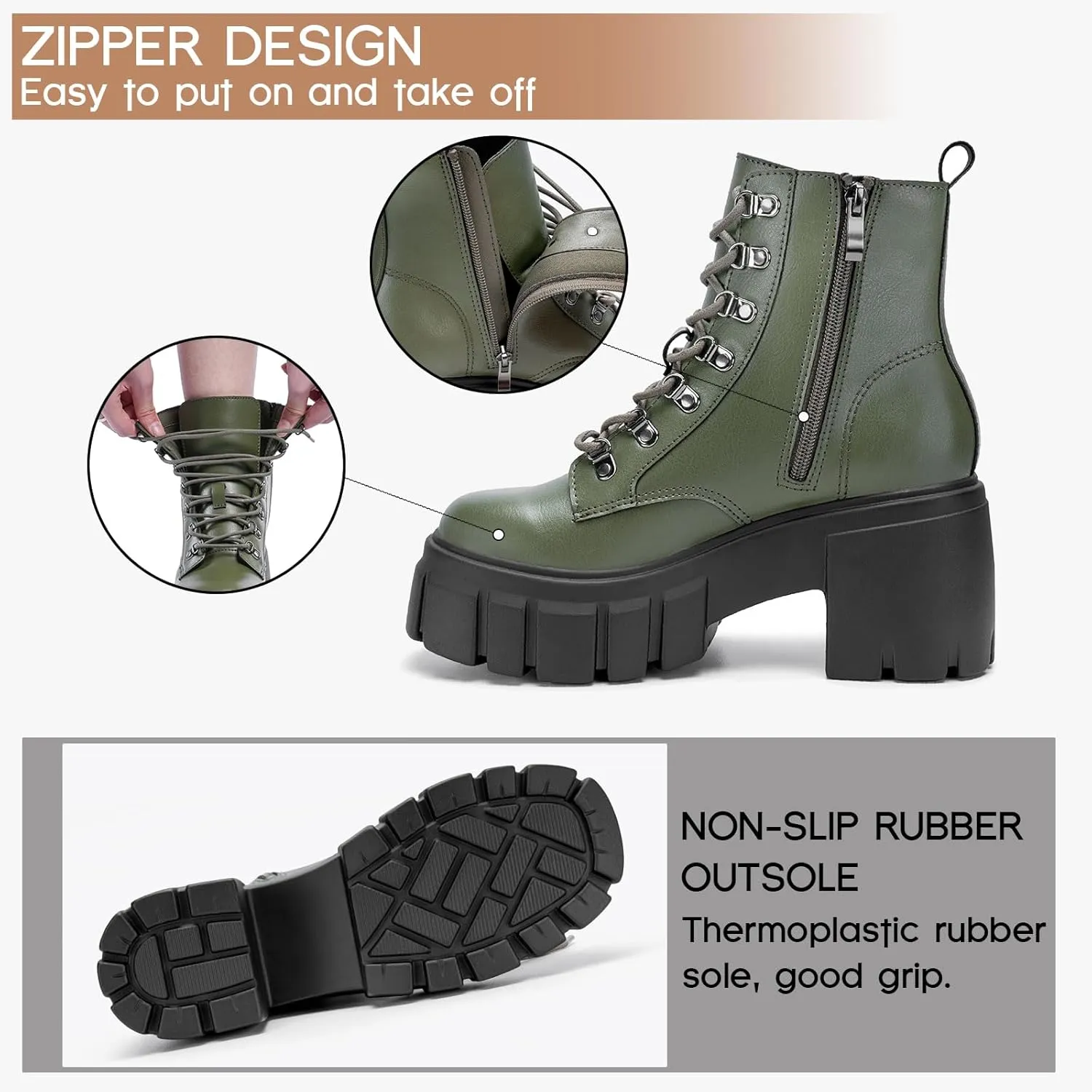 FITORY Women’s Combat Boots Lightweight Lace up Side Zipper Ankle Botas High Heel Chunky Platform Lug Sole Booties Size 6-11