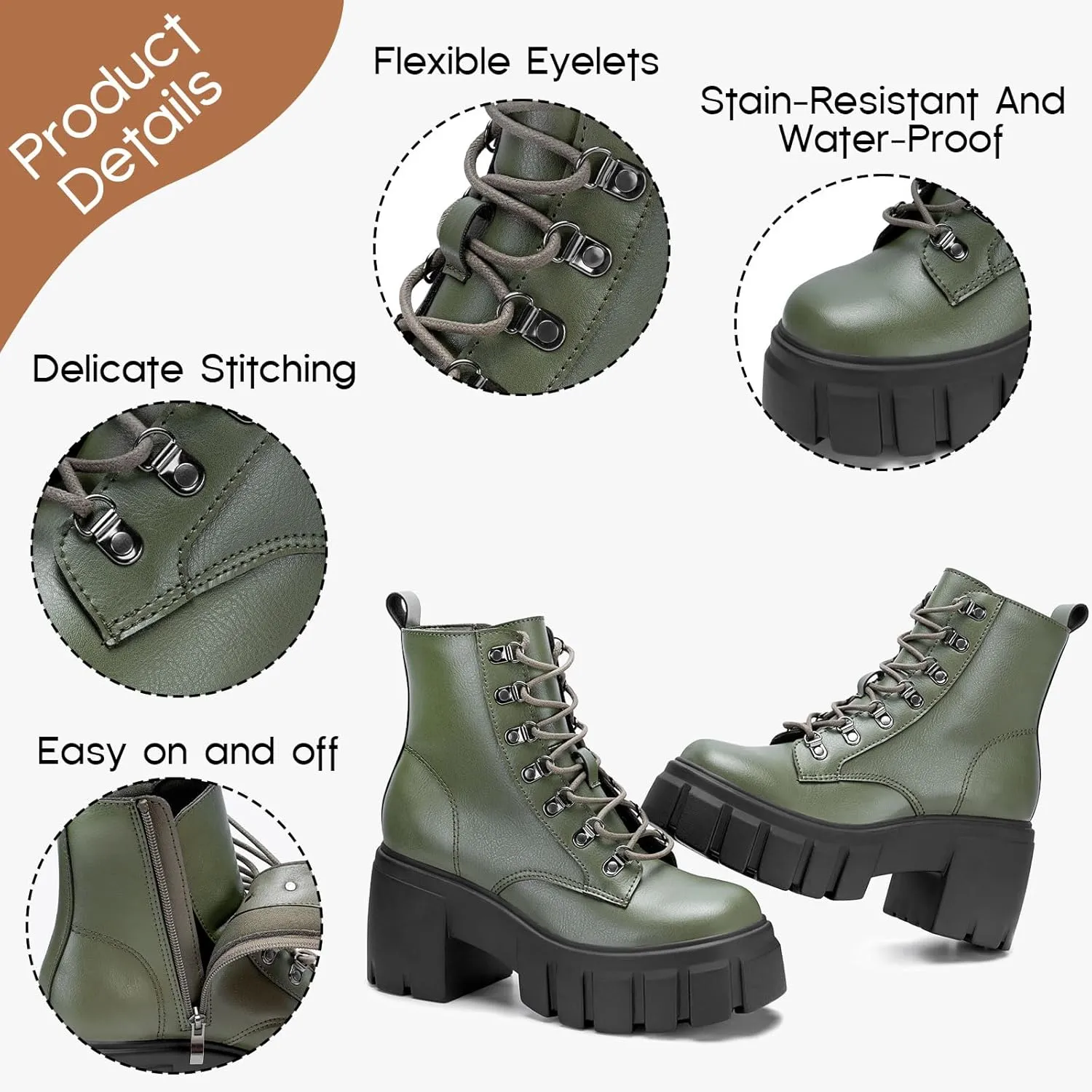FITORY Women’s Combat Boots Lightweight Lace up Side Zipper Ankle Botas High Heel Chunky Platform Lug Sole Booties Size 6-11