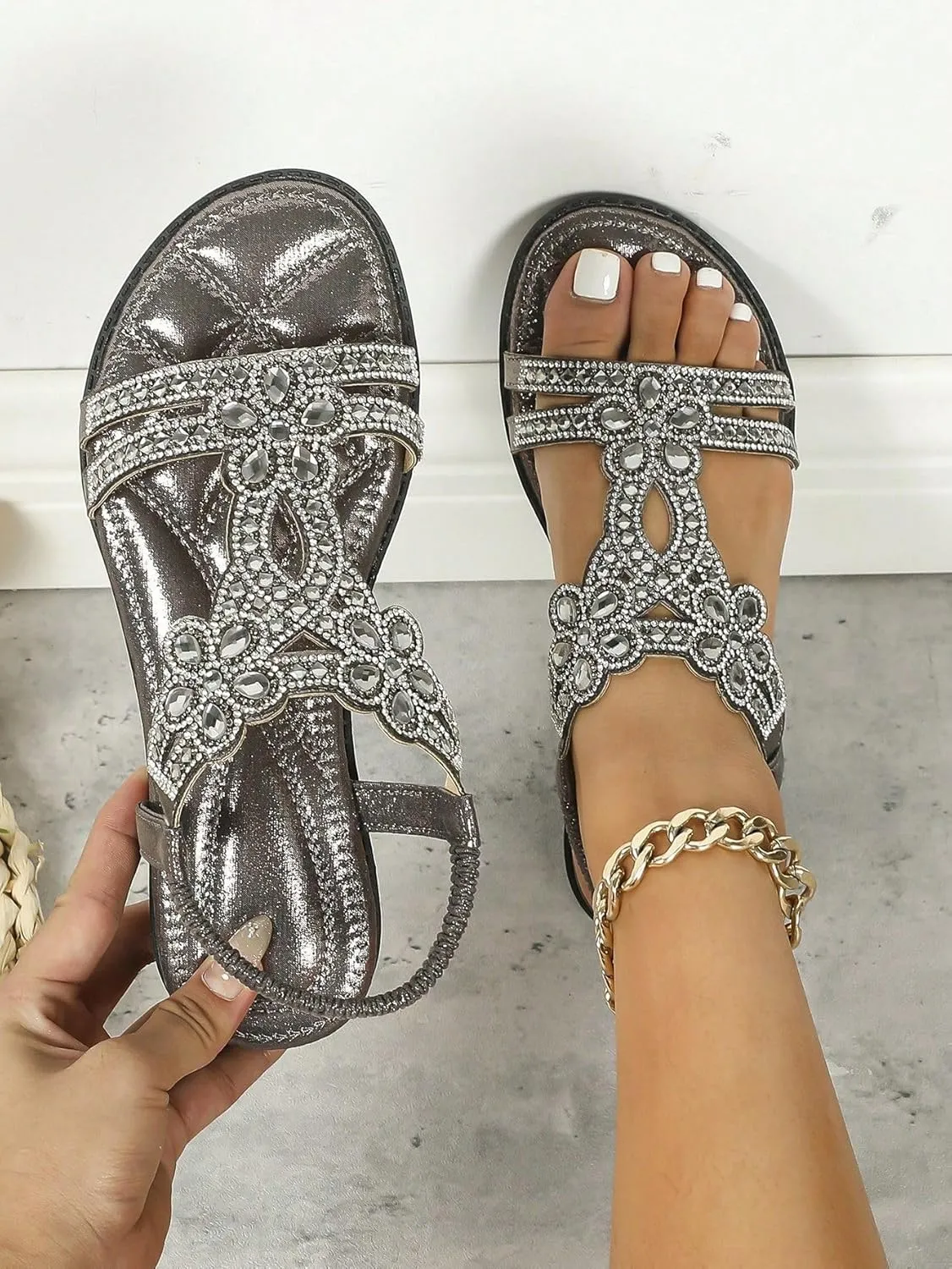 Flat Sandals With Rhinestones for Women, Women's Wide Width Sandals Comfort Walking with Non Slip on Casual Summer Beach Shoes Dress Ankle Elastic Strap Sparkling Jeweled Bohemian Flats
