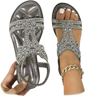 Flat Sandals With Rhinestones for Women, Women's Wide Width Sandals Comfort Walking with Non Slip on Casual Summer Beach Shoes Dress Ankle Elastic Strap Sparkling Jeweled Bohemian Flats
