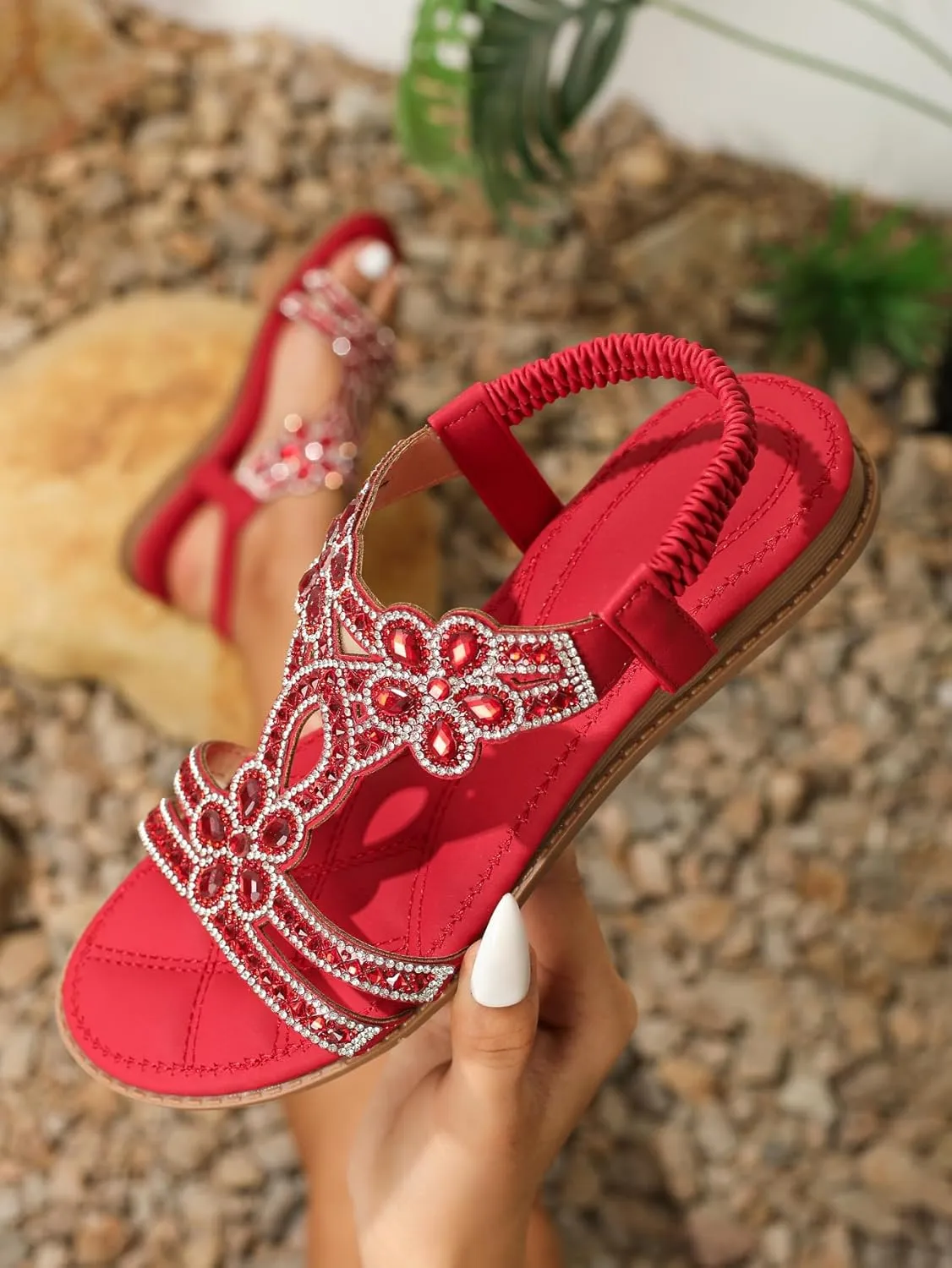 Flat Sandals With Rhinestones for Women, Women's Wide Width Sandals Comfort Walking with Non Slip on Casual Summer Beach Shoes Dress Ankle Elastic Strap Sparkling Jeweled Bohemian Flats