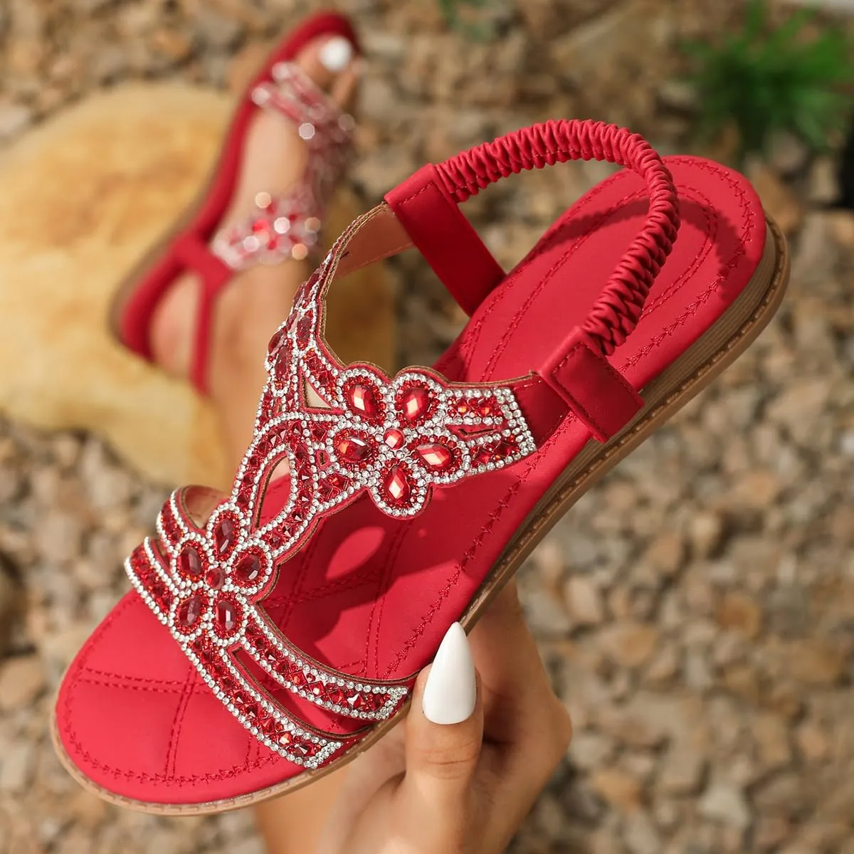 Flat Sandals With Rhinestones for Women, Women's Wide Width Sandals Comfort Walking with Non Slip on Casual Summer Beach Shoes Dress Ankle Elastic Strap Sparkling Jeweled Bohemian Flats