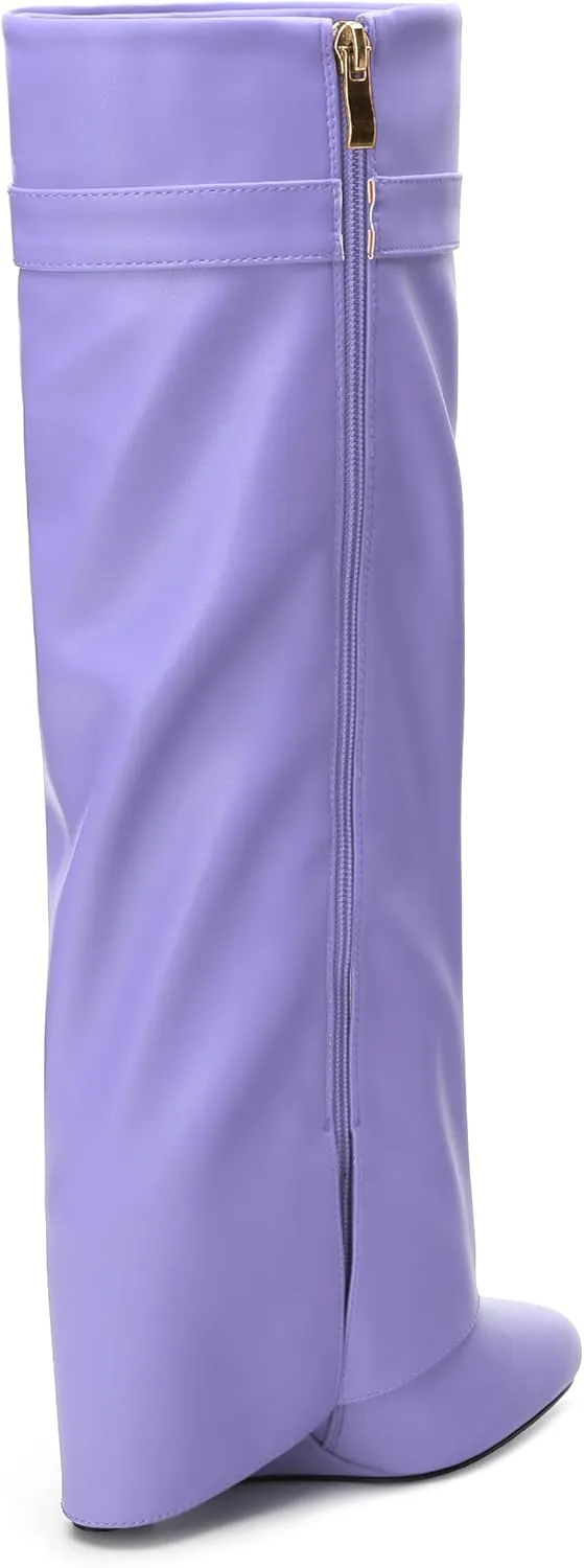 Fold Over Wedge Boots for Women Knee High Zipper Round Toe Tall Boots Wide Calf High Heel Long Boots