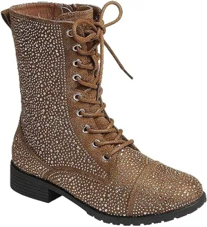 Forever Link Rhinestone Combat Lace Up boots for women