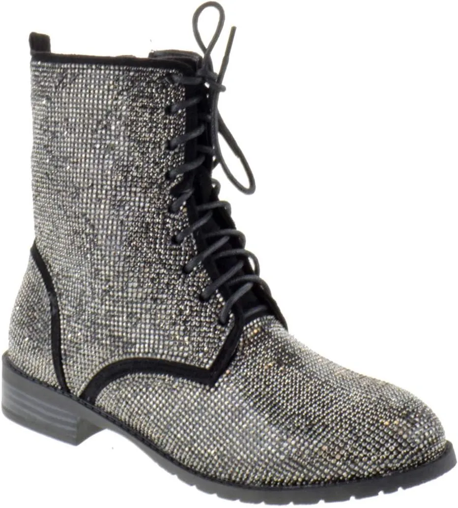 Forever Womens Lace Up Rhinestone Combat Boots