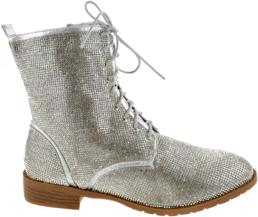 Forever Womens Lace Up Rhinestone Combat Boots