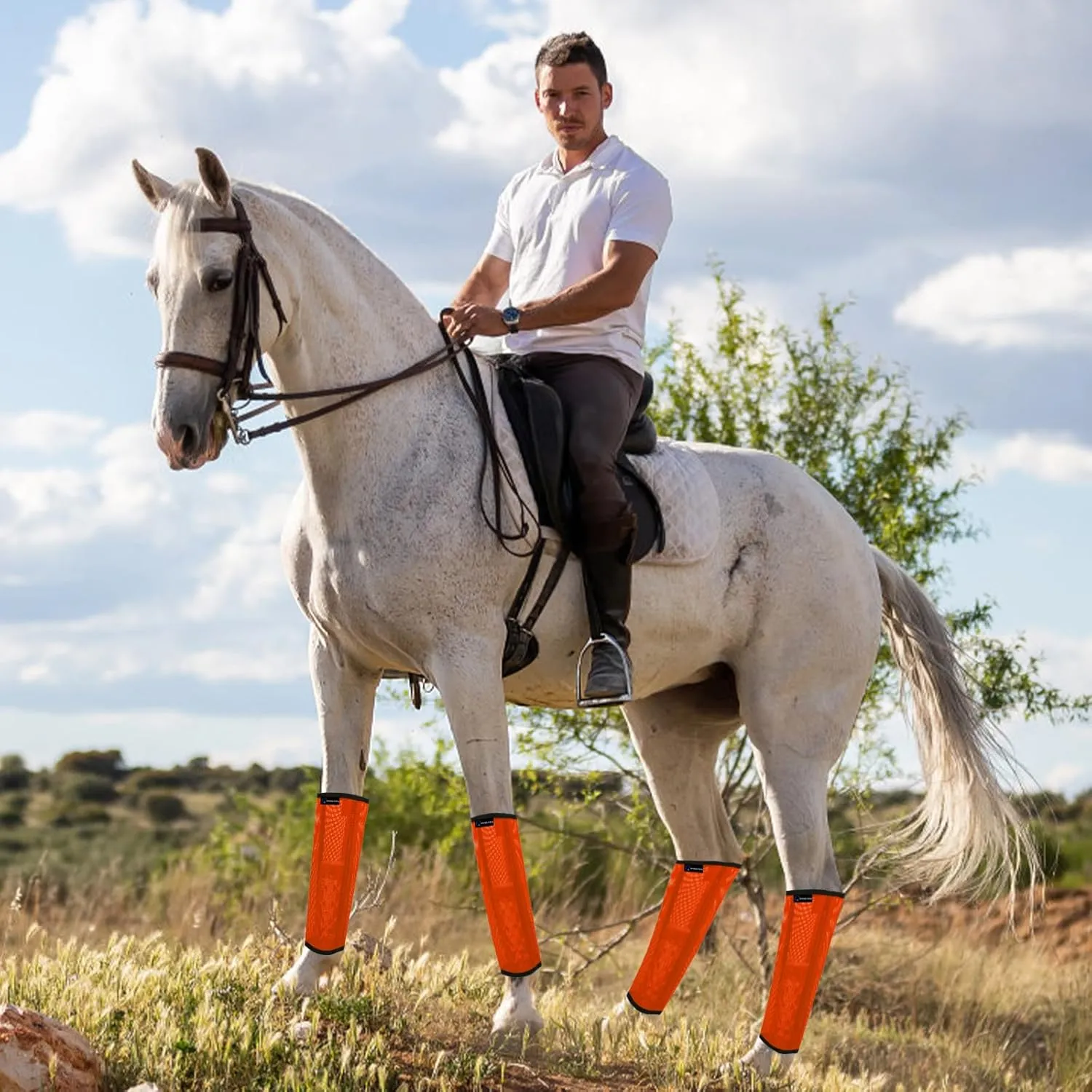 FOXLVDA Horse Fly Boots - Fly Boots for Horses Set of 4, Comfortable Pony Leggings, Mesh Material Design with Metal Support Bars, Equine Boots for Reduces Stomping & Leg Fatigue (Orange, Medium)