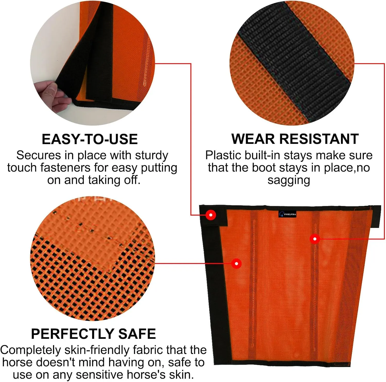 FOXLVDA Horse Fly Boots - Fly Boots for Horses Set of 4, Comfortable Pony Leggings, Mesh Material Design with Metal Support Bars, Equine Boots for Reduces Stomping & Leg Fatigue (Orange, Medium)