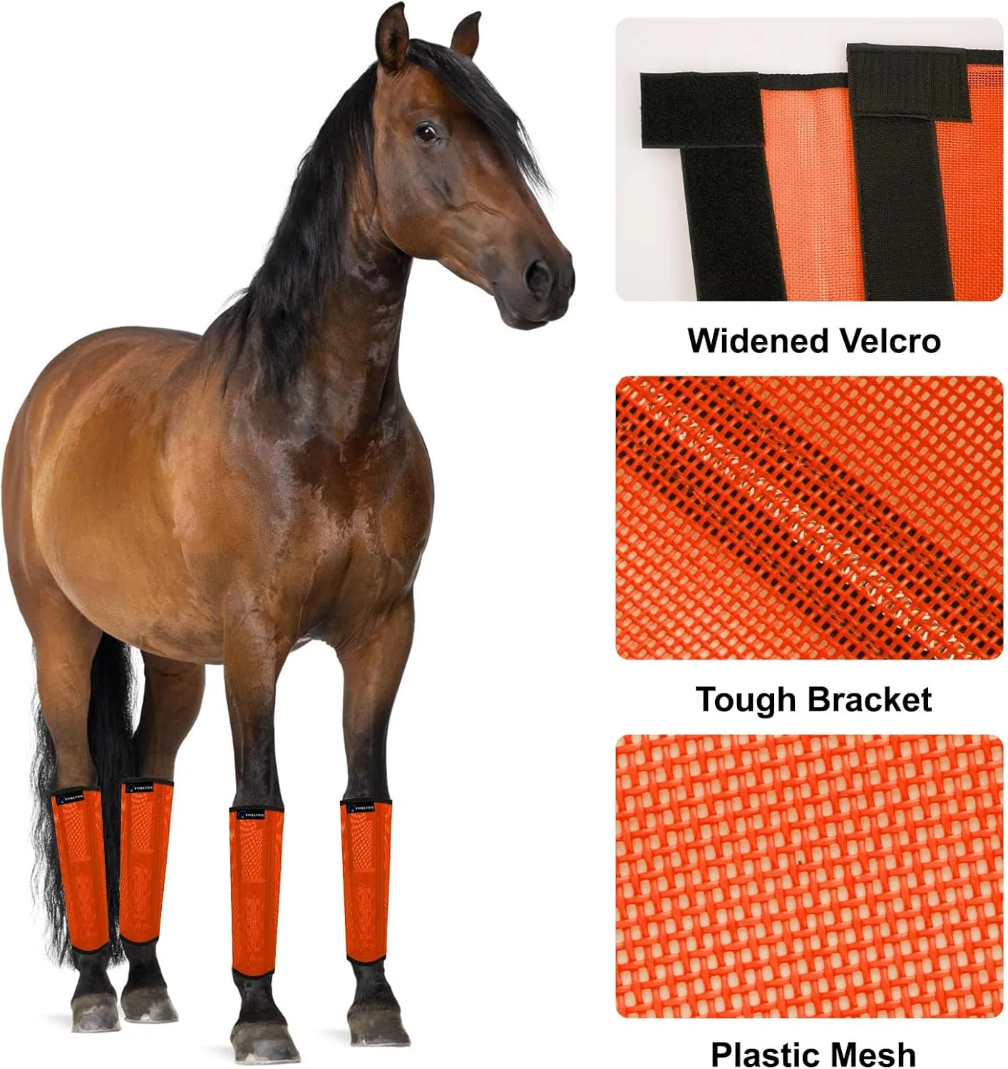 FOXLVDA Horse Fly Boots - Fly Boots for Horses Set of 4, Comfortable Pony Leggings, Mesh Material Design with Metal Support Bars, Equine Boots for Reduces Stomping & Leg Fatigue (Orange, Medium)