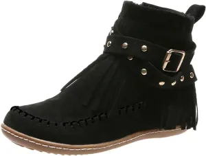 Fringe Ankle Boots for Women,Women's Vintage Boho Tassel Fringe Boots Round Toe Suede Flat Shoes Side Zipper Ankle Booties Slip On Mid Calf Boots Fall Winter Dress Shoes for Lady Girl