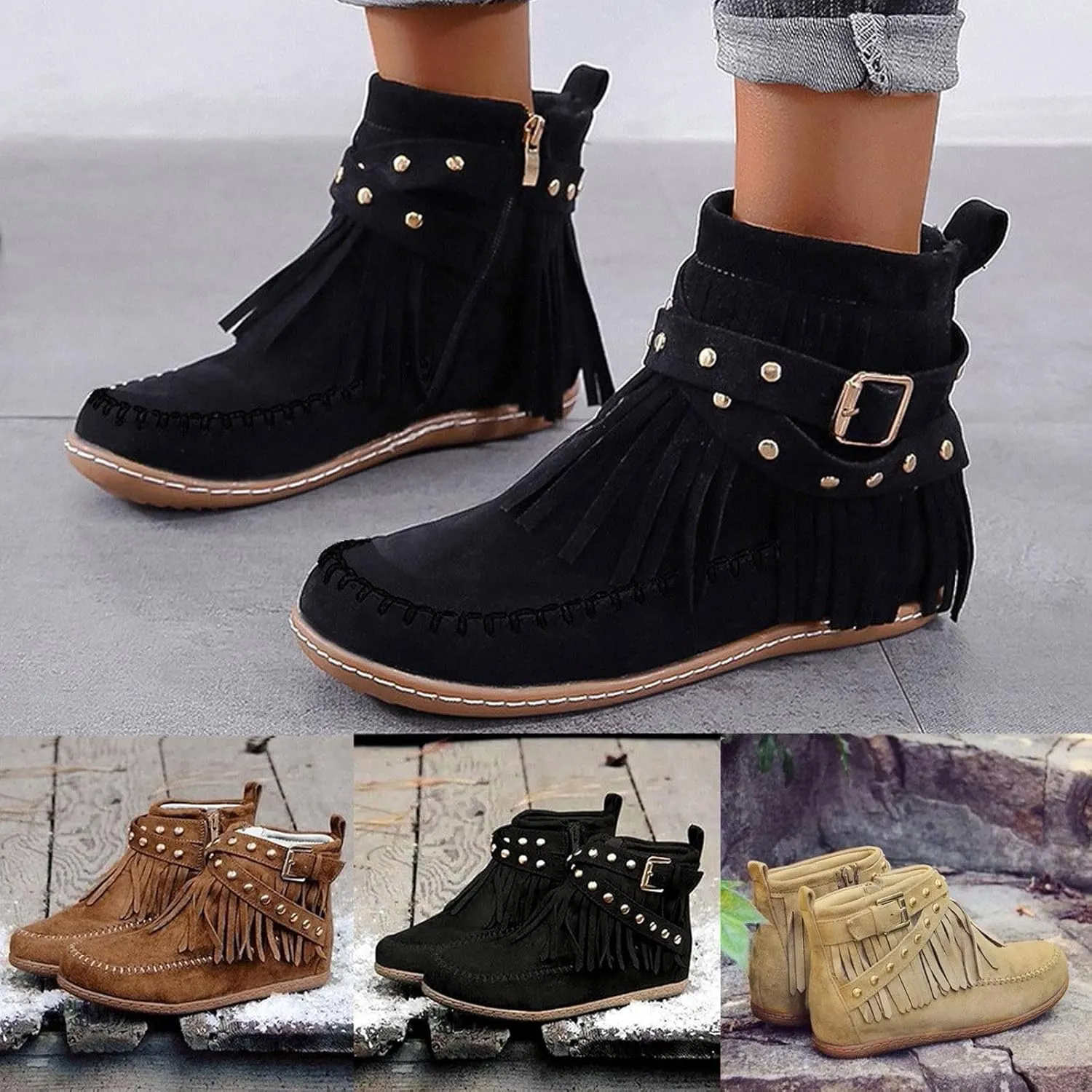 Fringe Ankle Boots for Women,Women's Vintage Boho Tassel Fringe Boots Round Toe Suede Flat Shoes Side Zipper Ankle Booties Slip On Mid Calf Boots Fall Winter Dress Shoes for Lady Girl