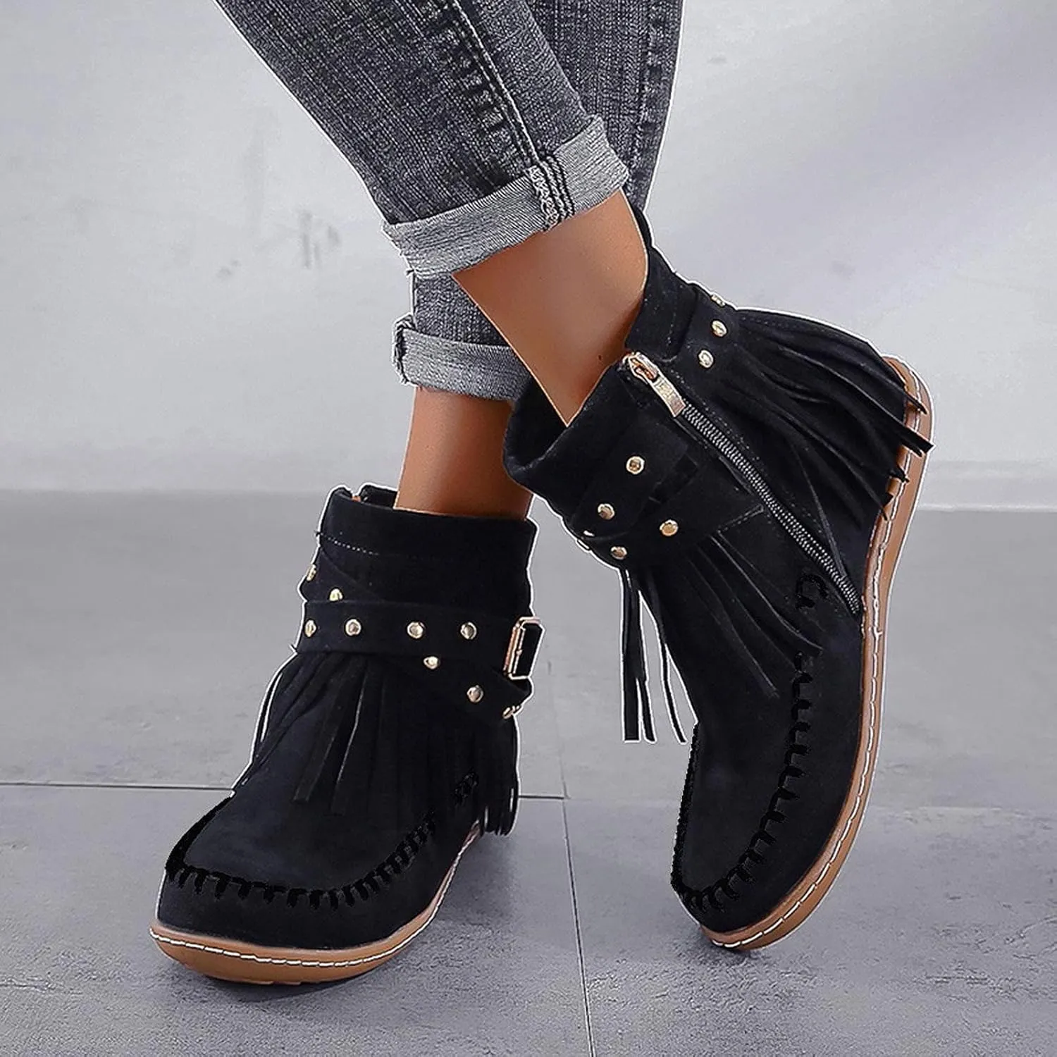 Fringe Ankle Boots for Women,Women's Vintage Boho Tassel Fringe Boots Round Toe Suede Flat Shoes Side Zipper Ankle Booties Slip On Mid Calf Boots Fall Winter Dress Shoes for Lady Girl