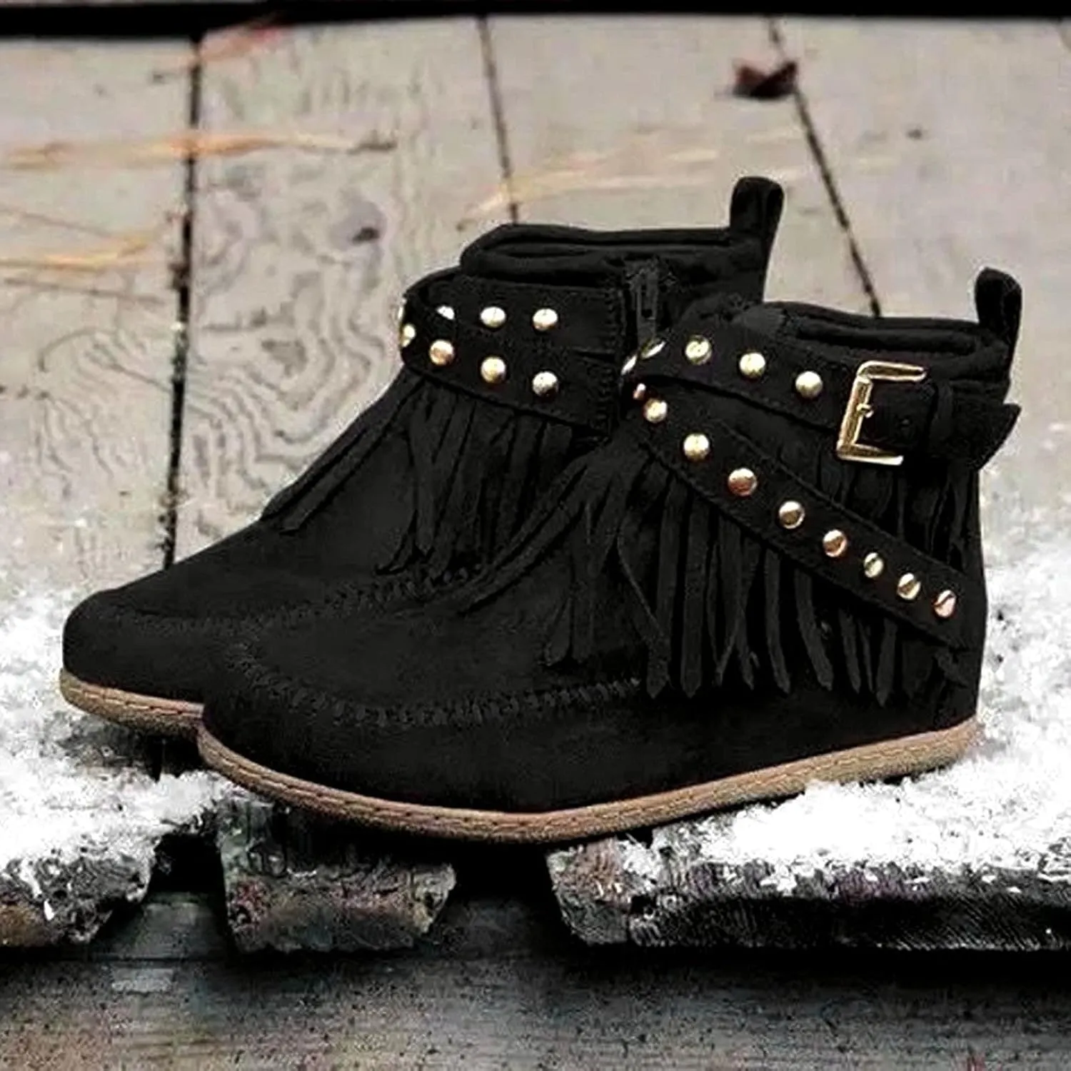 Fringe Ankle Boots for Women,Women's Vintage Boho Tassel Fringe Boots Round Toe Suede Flat Shoes Side Zipper Ankle Booties Slip On Mid Calf Boots Fall Winter Dress Shoes for Lady Girl