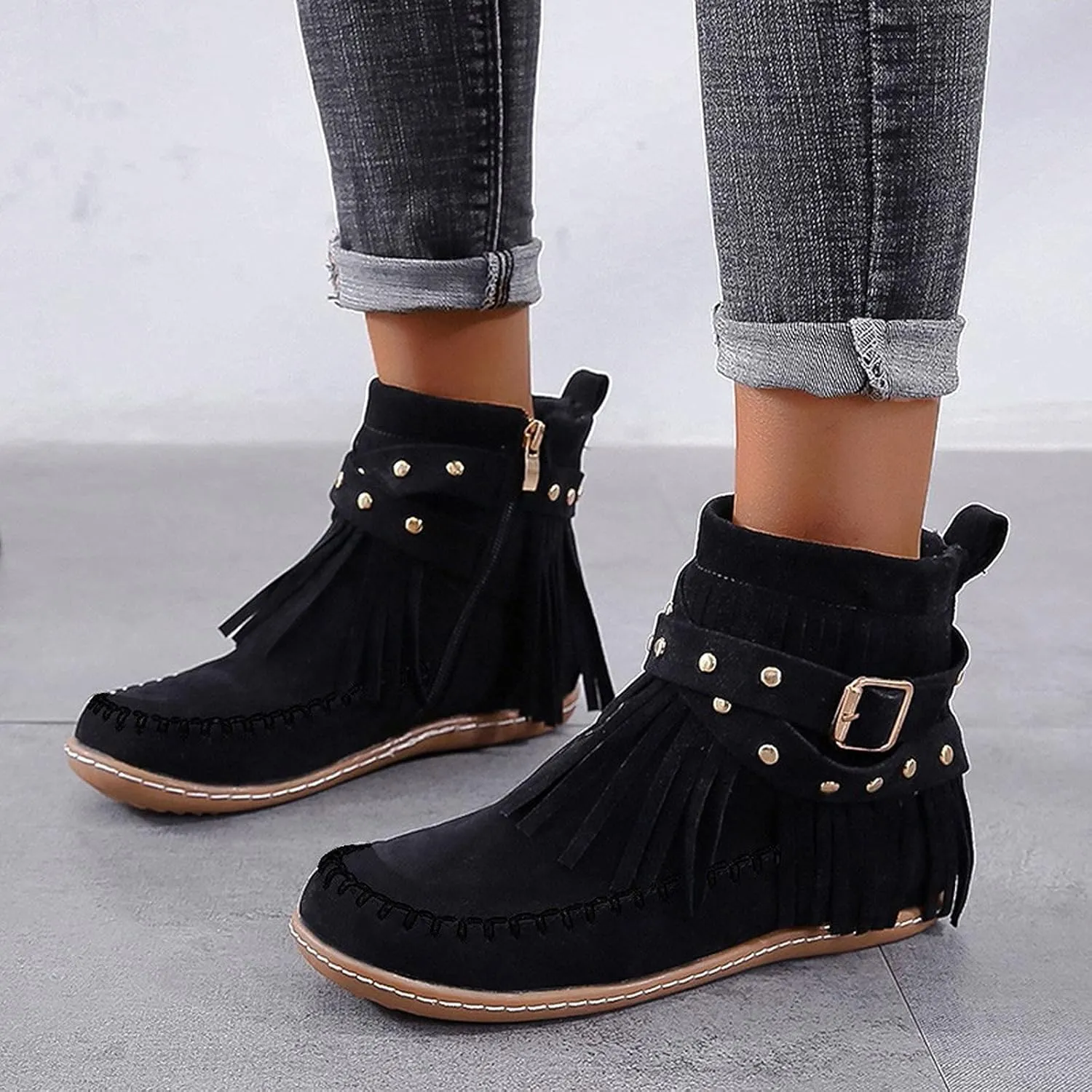 Fringe Ankle Boots for Women,Women's Vintage Boho Tassel Fringe Boots Round Toe Suede Flat Shoes Side Zipper Ankle Booties Slip On Mid Calf Boots Fall Winter Dress Shoes for Lady Girl