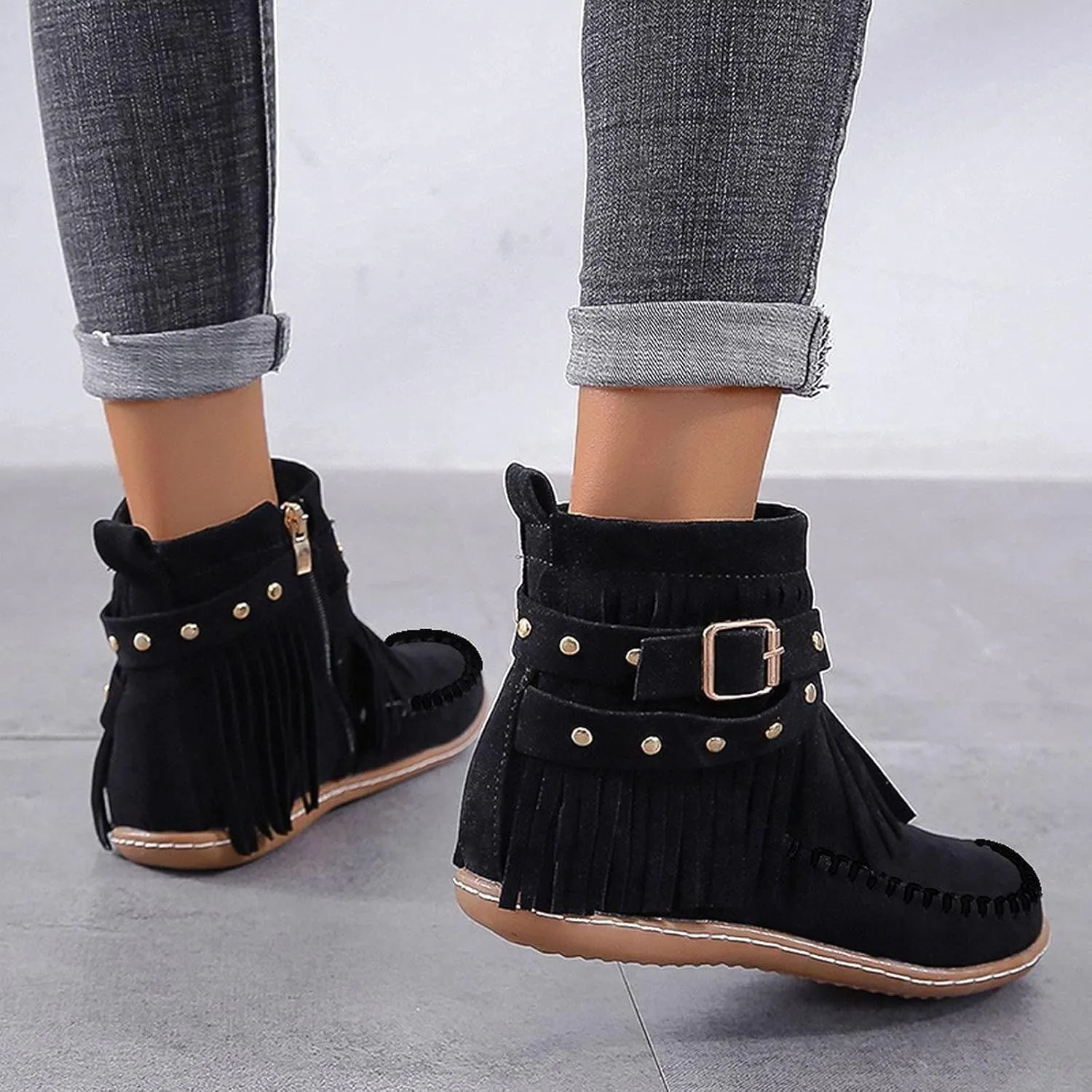 Fringe Ankle Boots for Women,Women's Vintage Boho Tassel Fringe Boots Round Toe Suede Flat Shoes Side Zipper Ankle Booties Slip On Mid Calf Boots Fall Winter Dress Shoes for Lady Girl