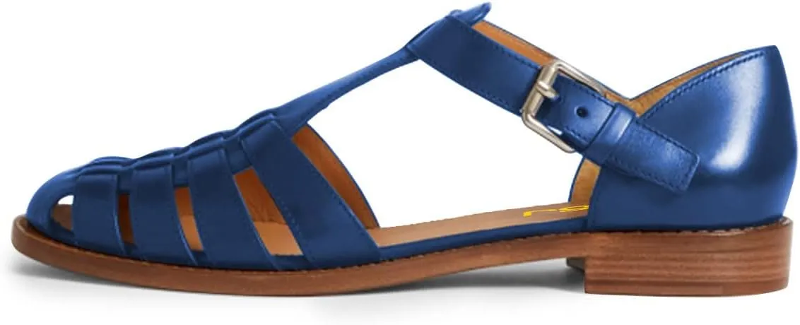 FSJ Women Retro Closed Toe Flats Sandals Low Block Heel Woven Roman Ankle Strap Hollow Caged Summer Fisherman Sandals Shoes Size 4-16 US