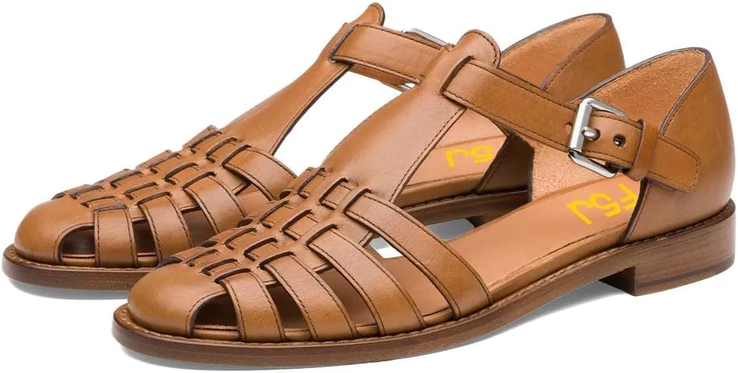 FSJ Women Retro Closed Toe Flats Sandals Low Block Heel Woven Roman Ankle Strap Hollow Caged Summer Fisherman Sandals Shoes Size 4-16 US