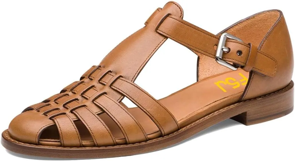 FSJ Women Retro Closed Toe Flats Sandals Low Block Heel Woven Roman Ankle Strap Hollow Caged Summer Fisherman Sandals Shoes Size 4-16 US
