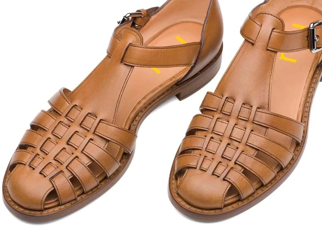 FSJ Women Retro Closed Toe Flats Sandals Low Block Heel Woven Roman Ankle Strap Hollow Caged Summer Fisherman Sandals Shoes Size 4-16 US