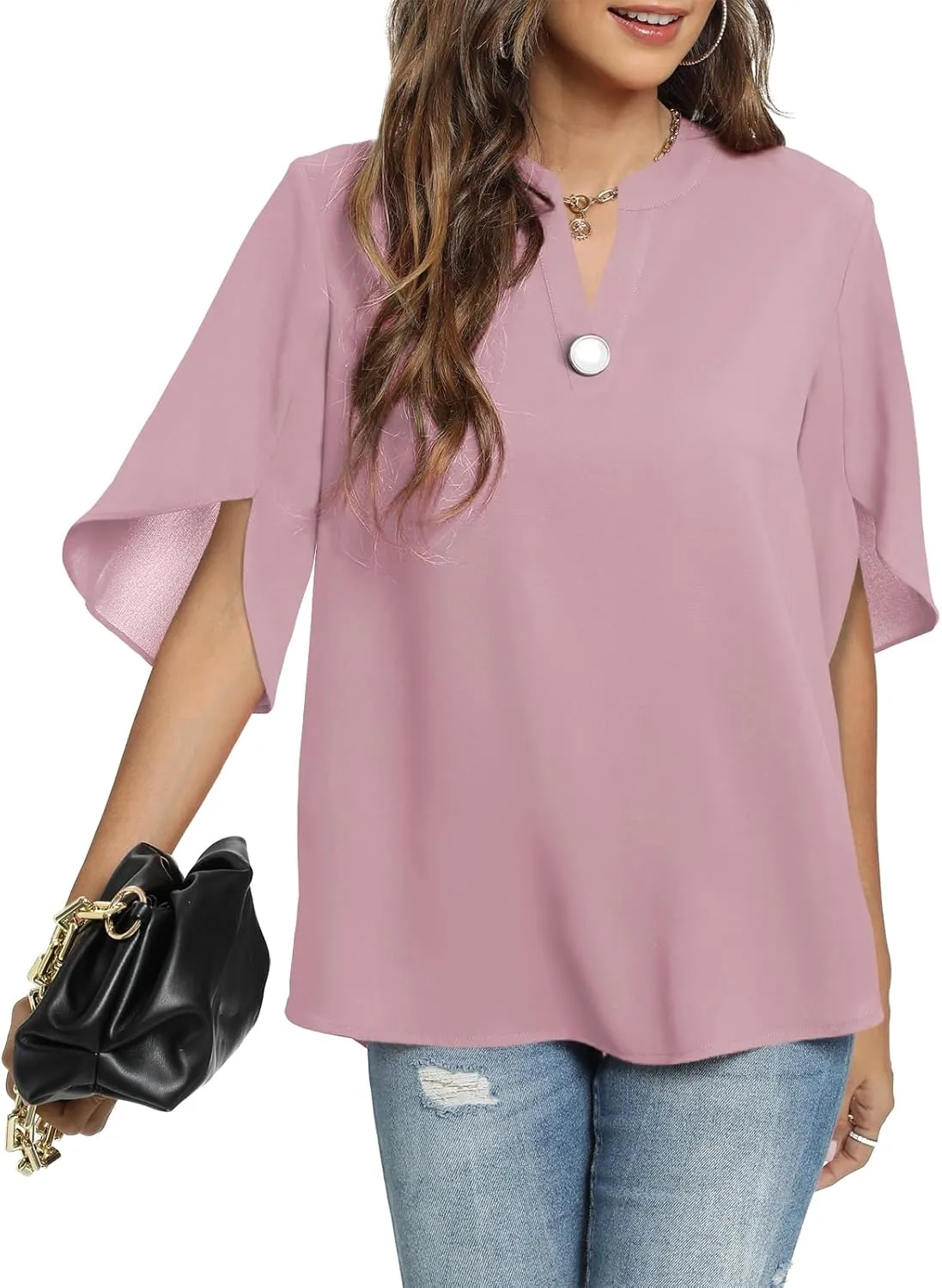 Funlingo Women's Summer Tops Short Sleeve Casual Shirts V Neck Chiffon Dressy Blouse Tops