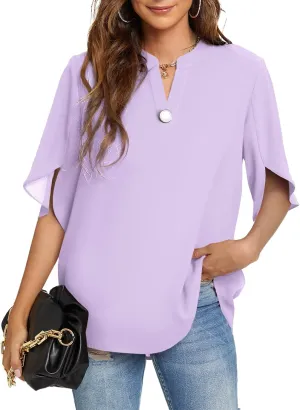 Funlingo Women's Summer Tops Short Sleeve Casual Shirts V Neck Chiffon Dressy Blouse Tops