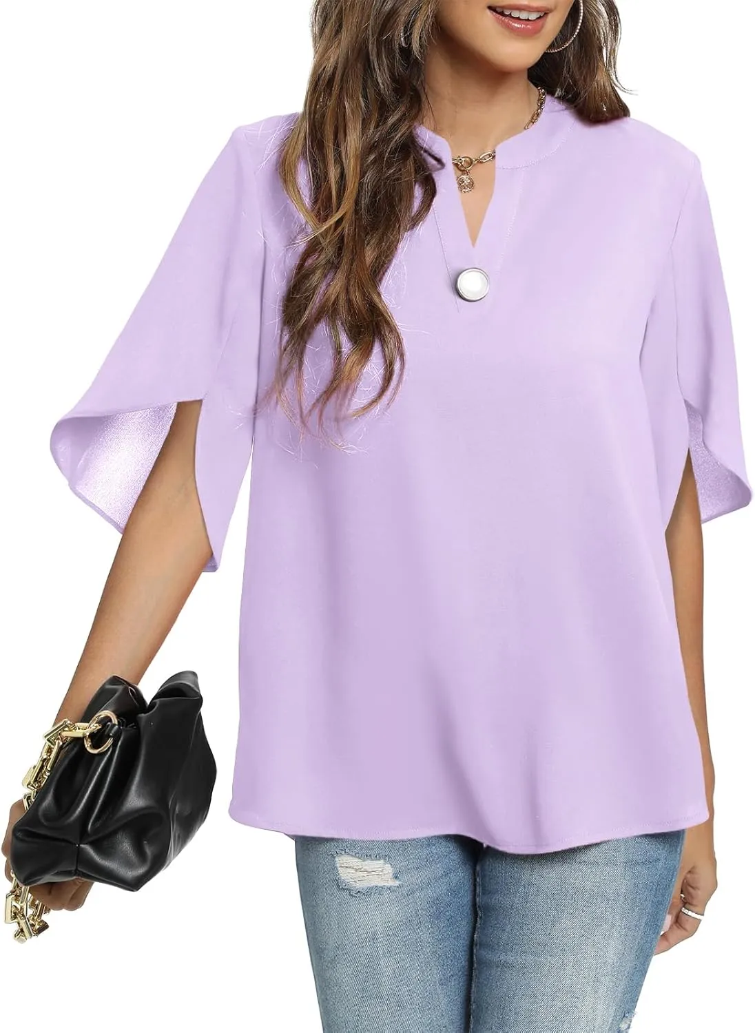 Funlingo Women's Summer Tops Short Sleeve Casual Shirts V Neck Chiffon Dressy Blouse Tops