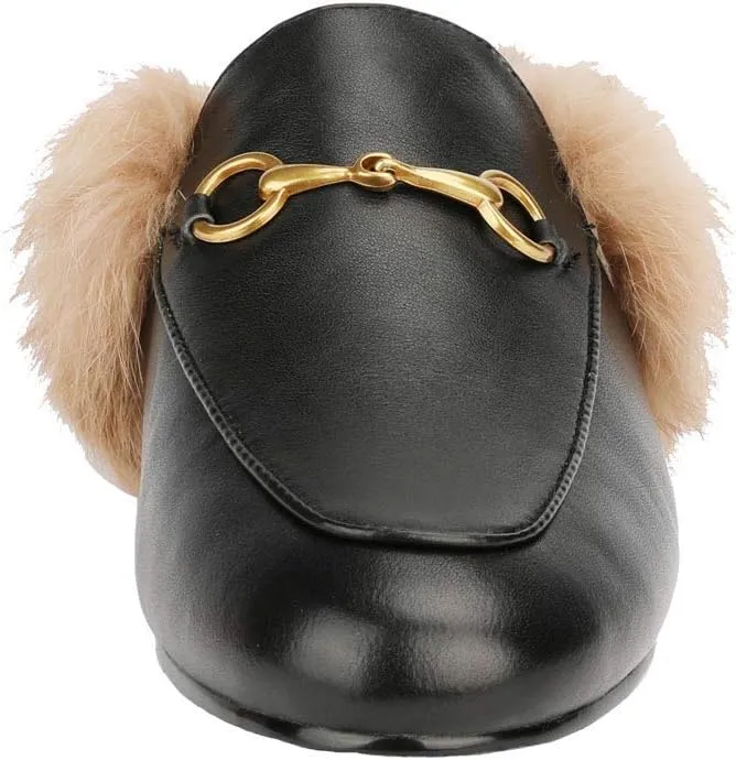 Fur Mules for Women Chain Leather Low Heel Mule Fluffy Comfort Loafers Casual Slip-on Flat Shoes