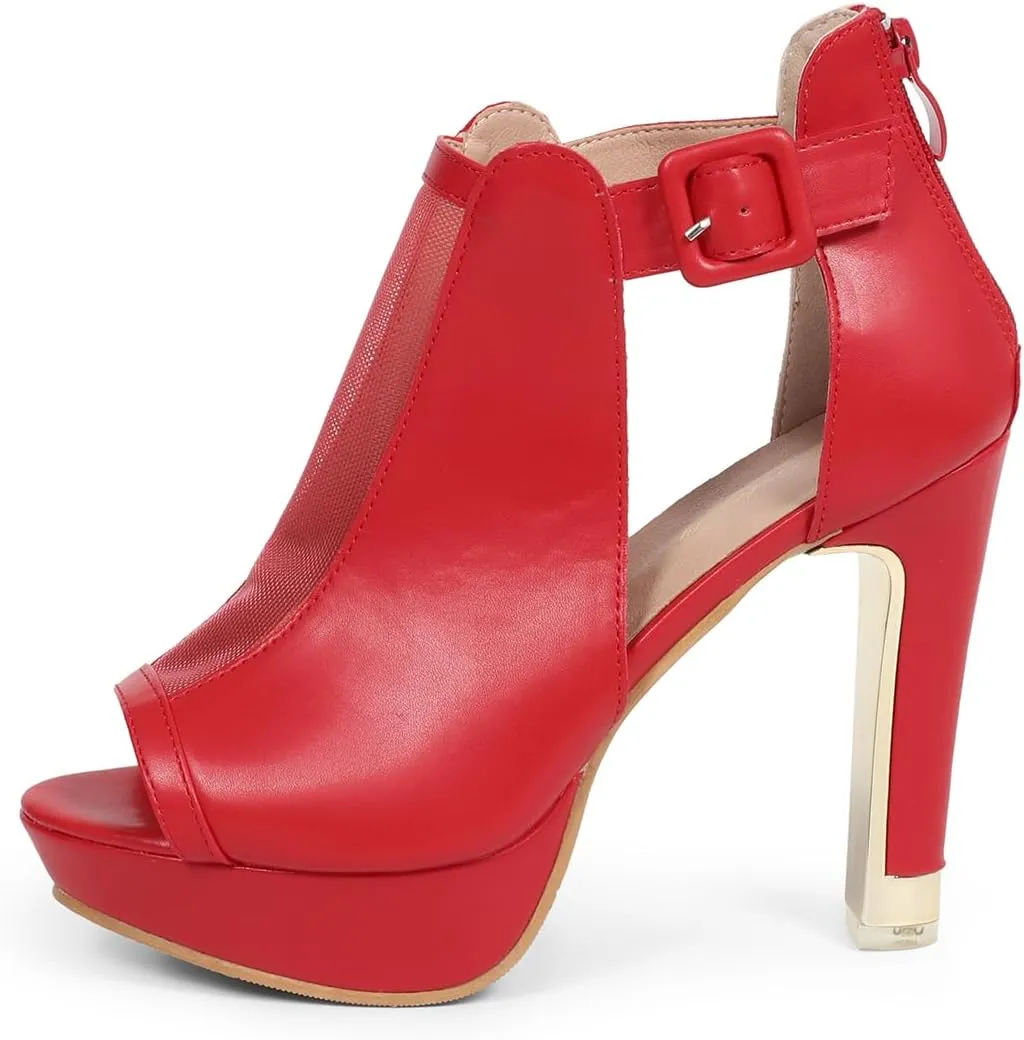 GATUXUS Women's Block Heels Cutout Ankle Booties Peep Toe Back Zipper High Heeled Sandals Dress Shoes