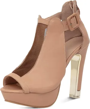 GATUXUS Women's Block Heels Cutout Ankle Booties Peep Toe Back Zipper High Heeled Sandals Dress Shoes