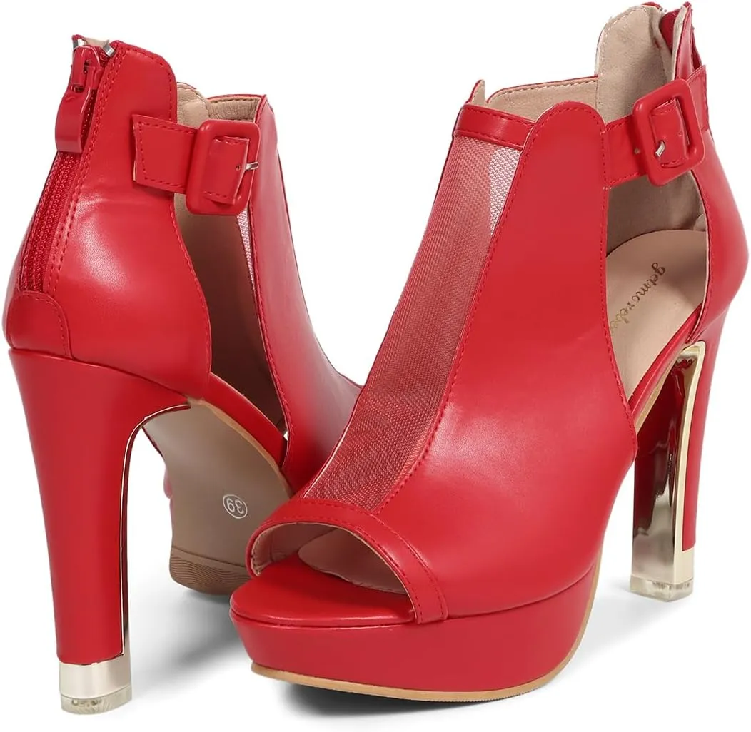GATUXUS Women's Block Heels Cutout Ankle Booties Peep Toe Back Zipper High Heeled Sandals Dress Shoes