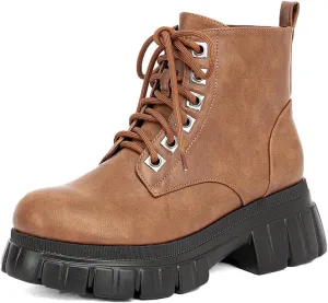 GATUXUS Women's Lace Up Combat Ankle Boots Fashion Low Chunky Heels Lug Sole Platform Hiking Booties Shoes