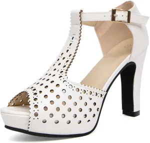 getmorebeauty Women's Vintage Heeled Sandals Suede Ankle T Straps Dress Block High Heel Sandals Women Shoes