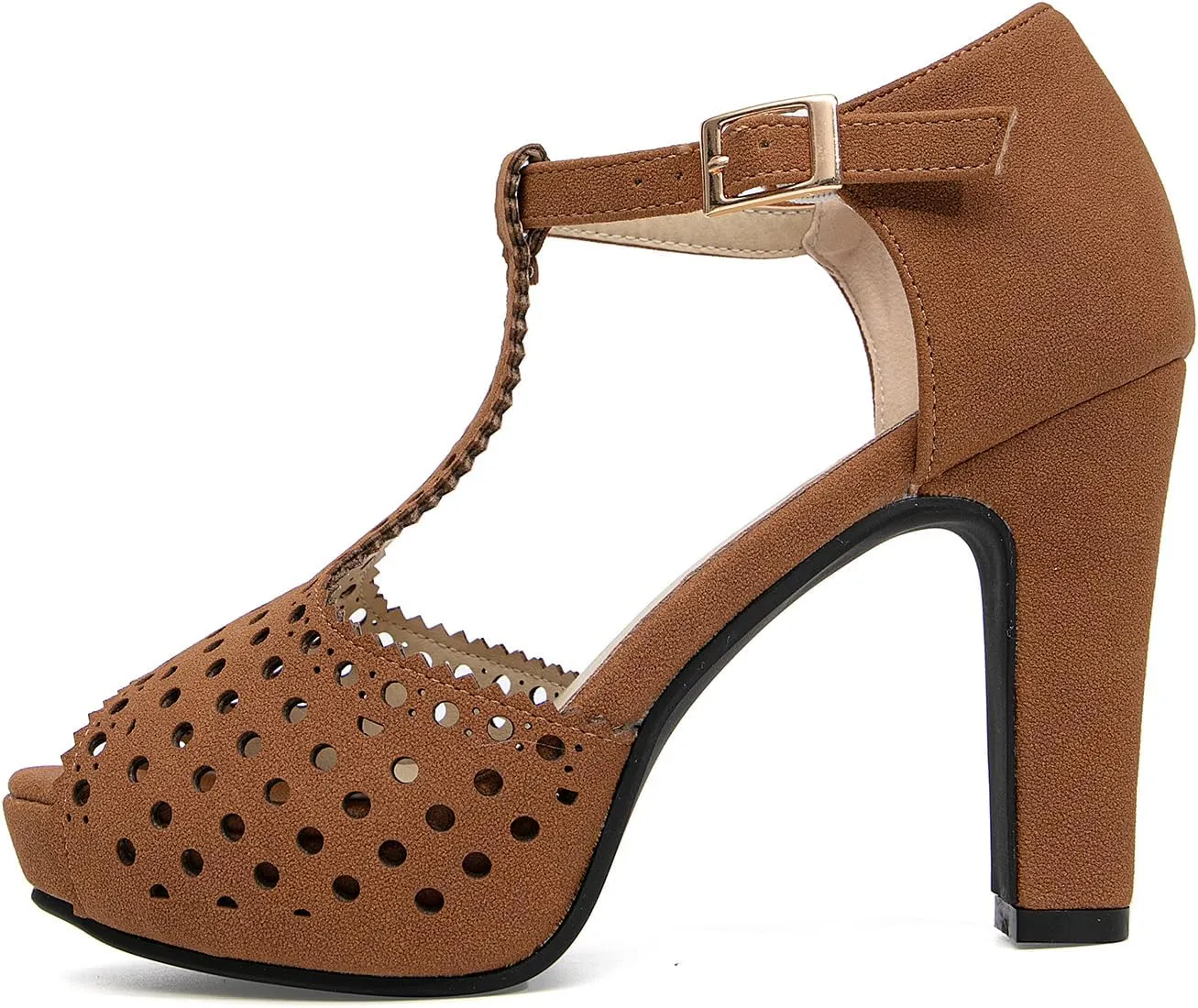 getmorebeauty Women's Vintage Heeled Sandals Suede Ankle T Straps Dress Block High Heel Sandals Women Shoes